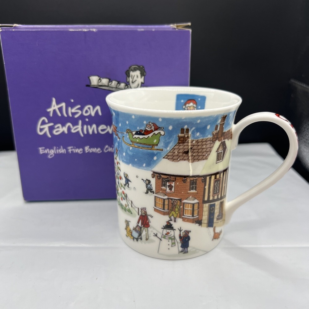 Alison Gardiner Christmas Village Fine Bone China Mug Red Lion Pub Santa